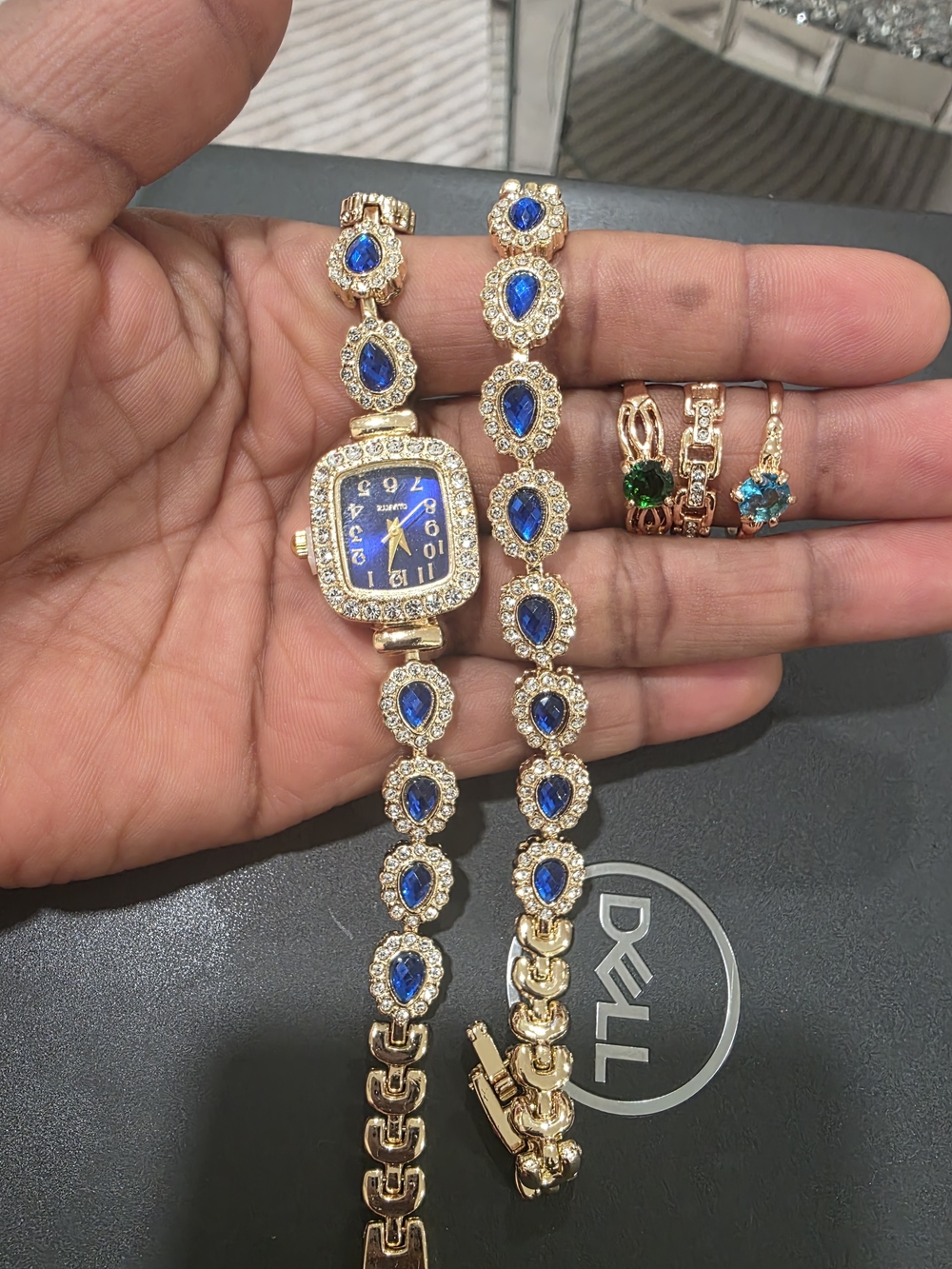 Gold-Tone Blue Crystal Bracelet Watch and Bracelet Set